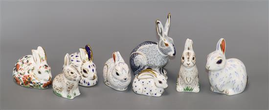 Eight Royal Crown Derby hare and rabbit paperweights